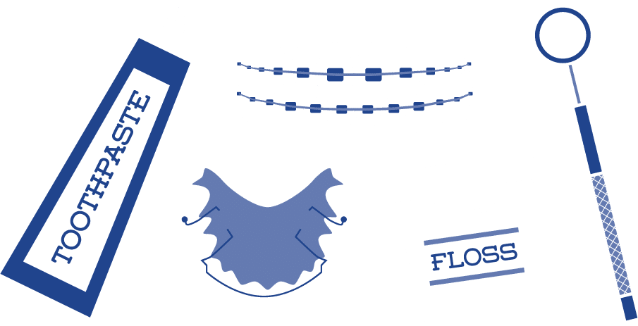 Illustrated toothpaste, braces, floss and retainer.