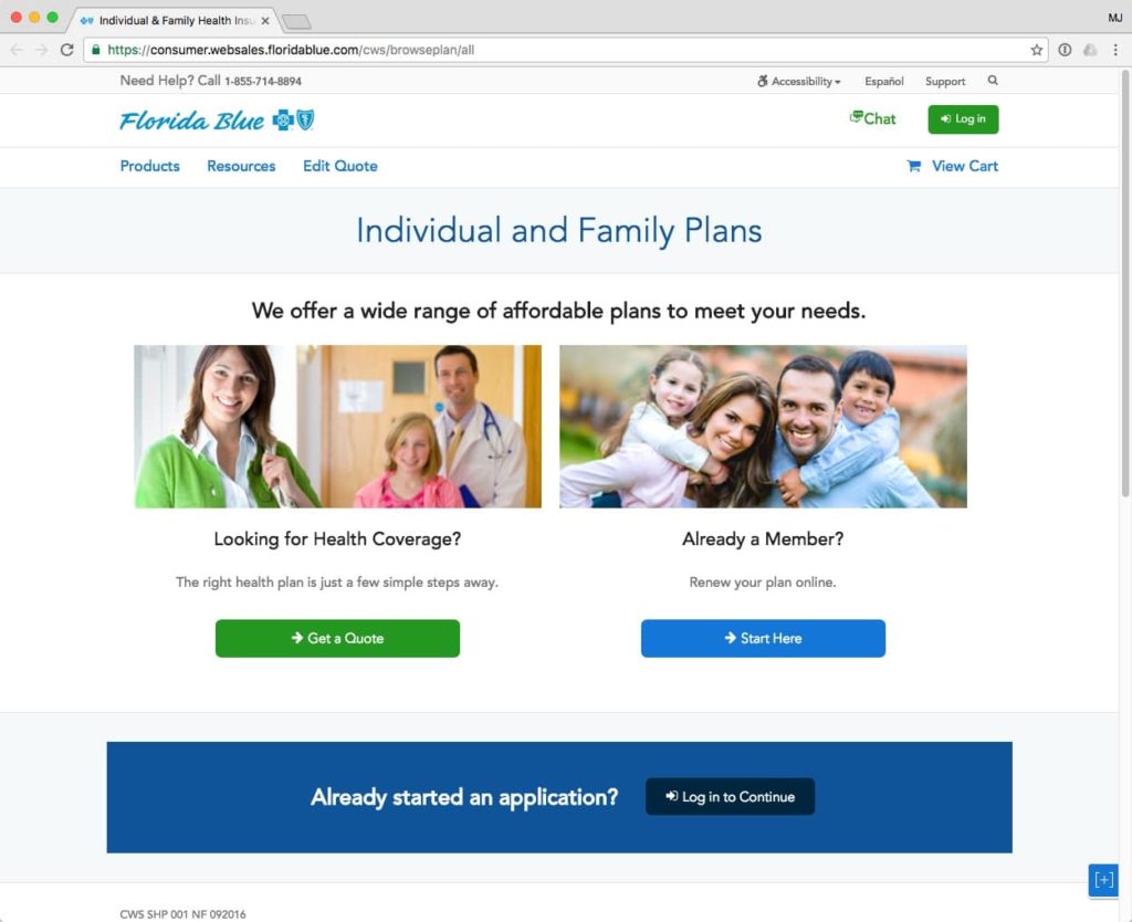 A screenshot of the Individual & Family Get a Quote page on Florida Blue's website
