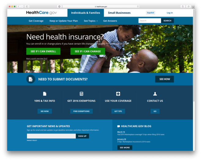 Screenshot of healthcare.gov website
