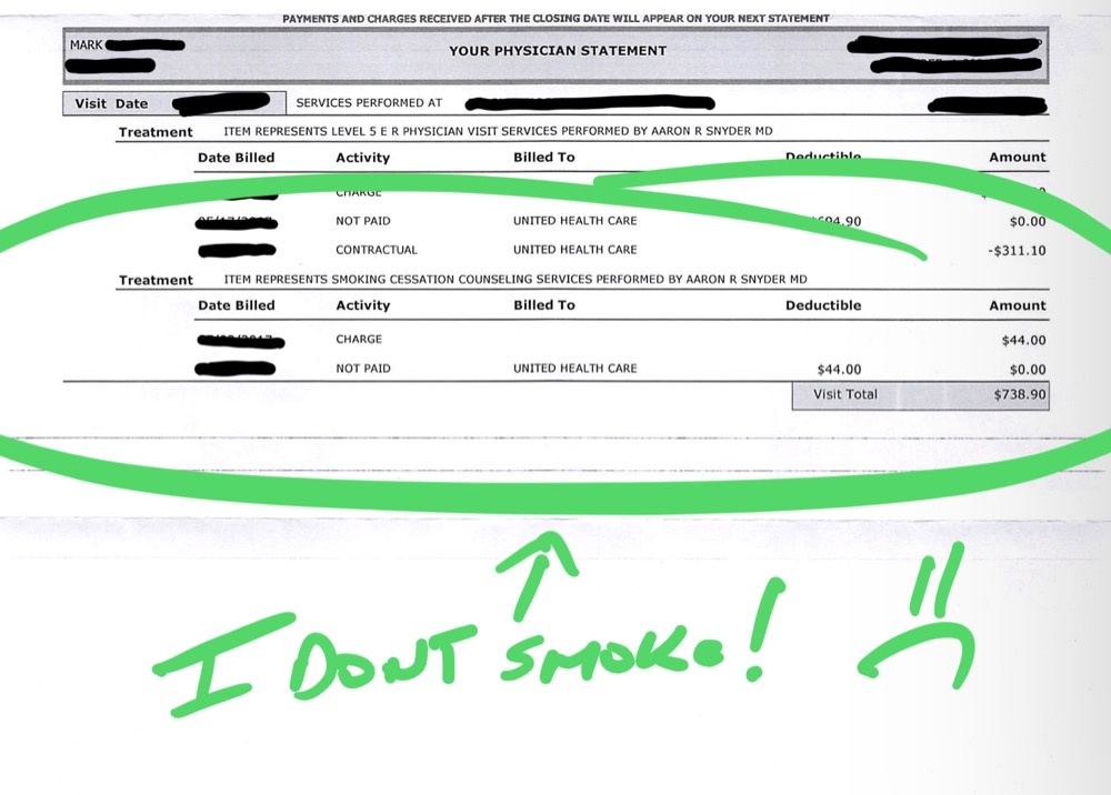 Picture of a medical bill where I was charged for smoking cessation counseling even though I don't smoke! 