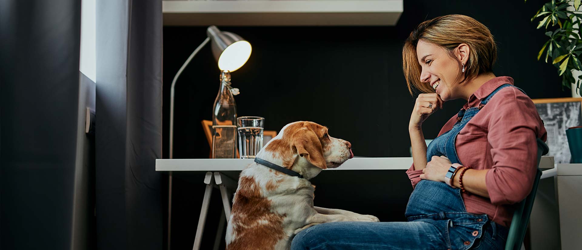 Pregnant woman smiling at her pet beagle