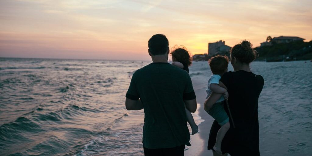 Family walking down the beach.